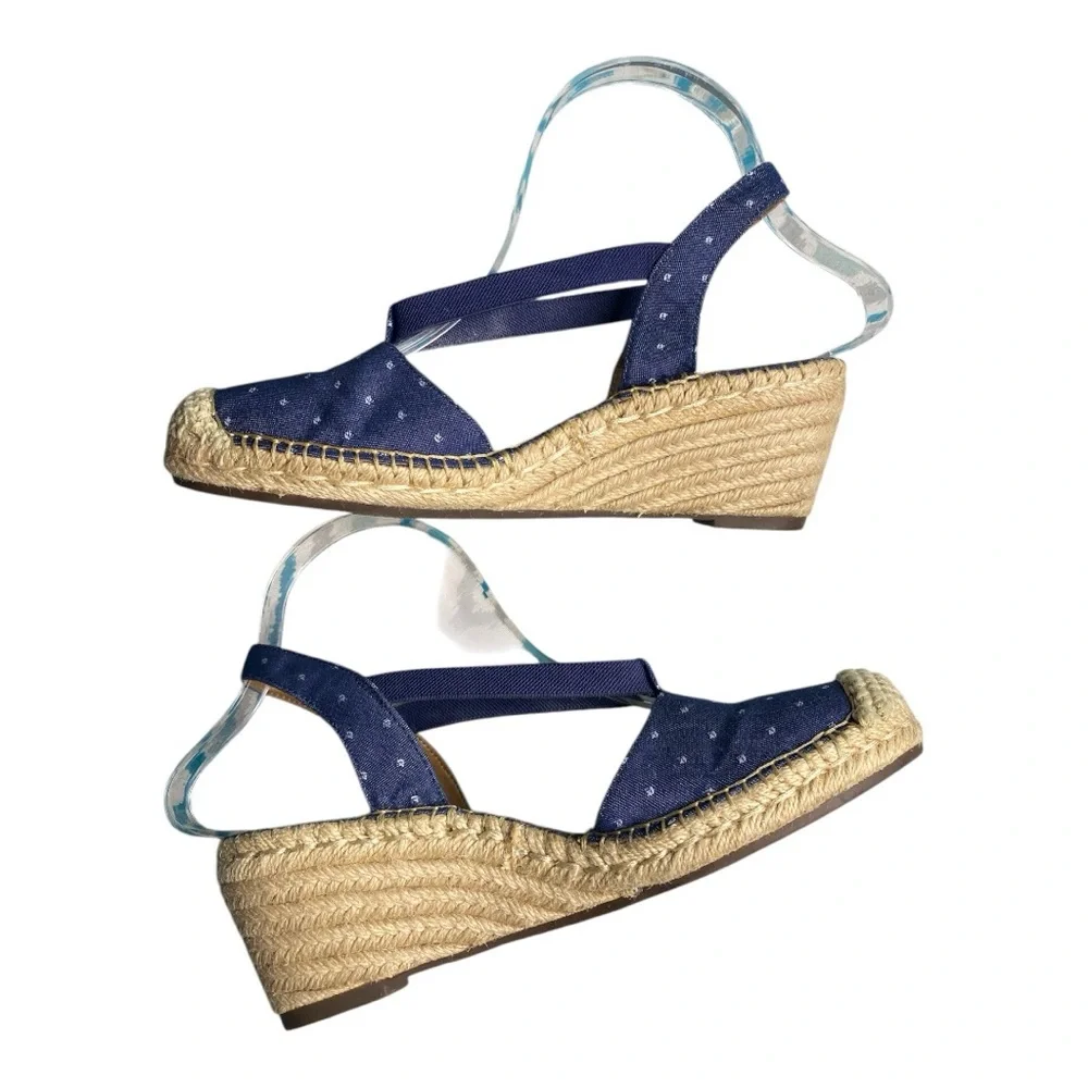 Clarks Blue Polka Dot Espadrille Wedge Sandals Coastal Resort Vacation Sz 8